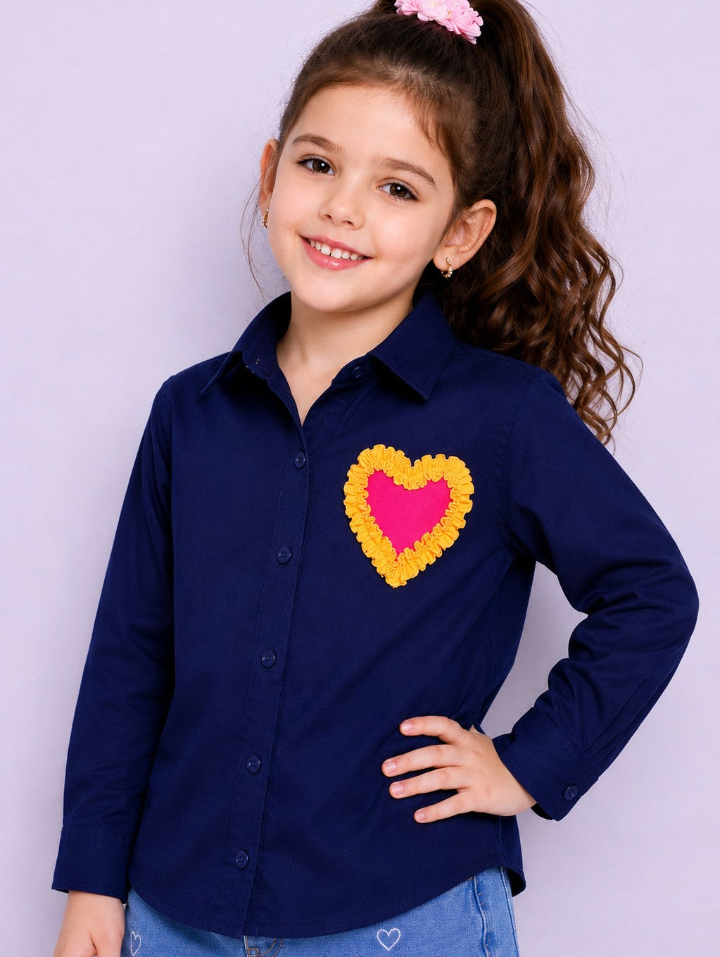 Heart Applique Cotton  Shirt-Navy Blue