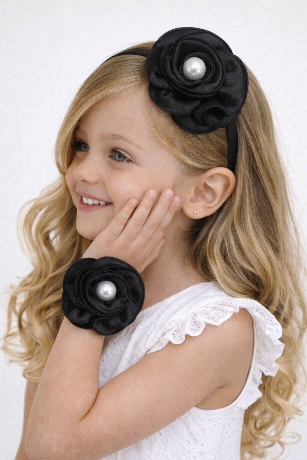 Satin Flower Bracelet & Hairband Set- Black