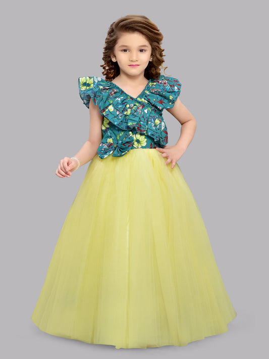 Floral Green  Bodice and Yellow Tulle Gown