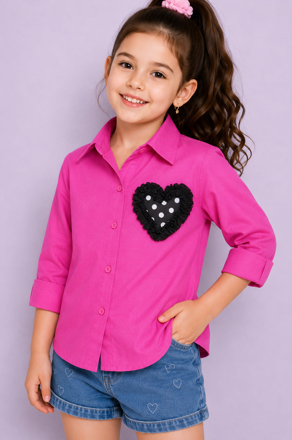 Heart Applique Cotton  Shirt-Pink