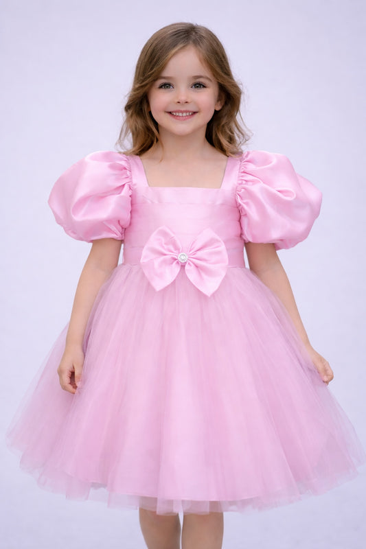 Puff Sleeves Smoked Back Dress - Pink