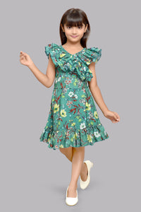 Green Ruffle V Neck Floral Dress