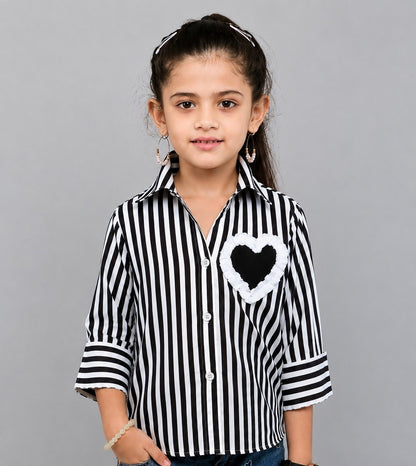 Heart Applique Stripped Cotton  Shirt-Black