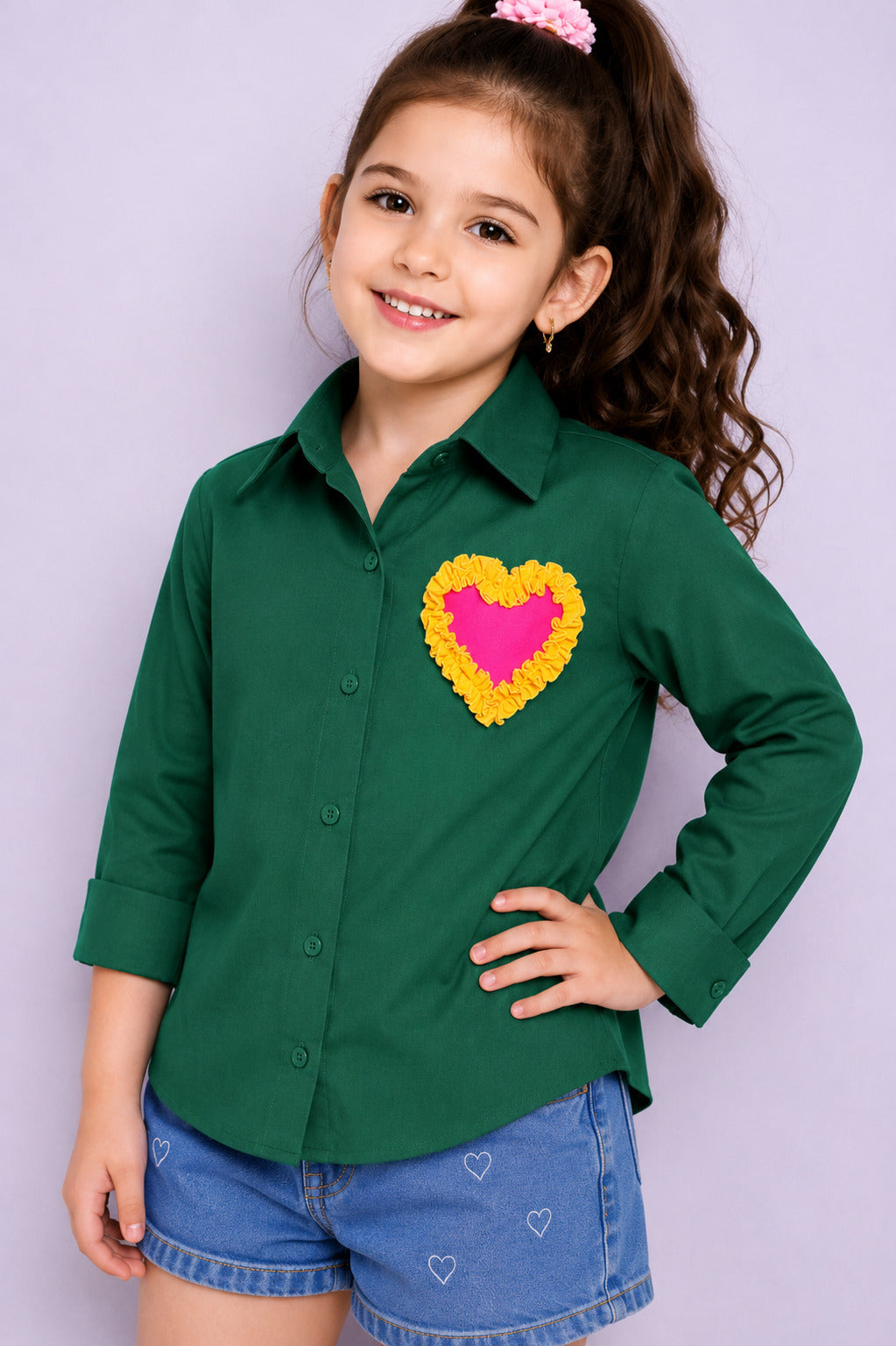 Heart Applique Cotton  Shirt-Green