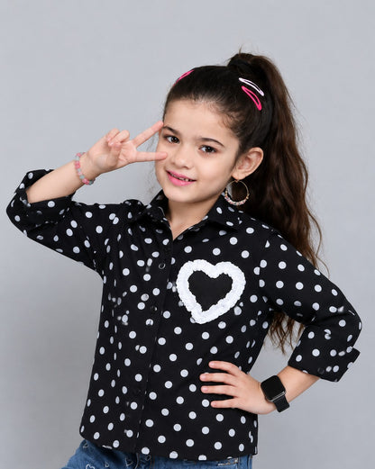 Heart Applique Polkadot Cotton  Shirt-Black