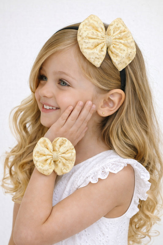 Sequins Bow Bracelet & Hairband Set -Gold