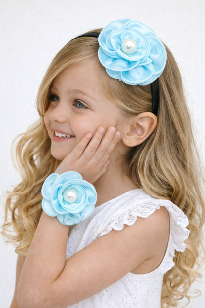 Satin Flower Bracelet & Hairband Set- Blue