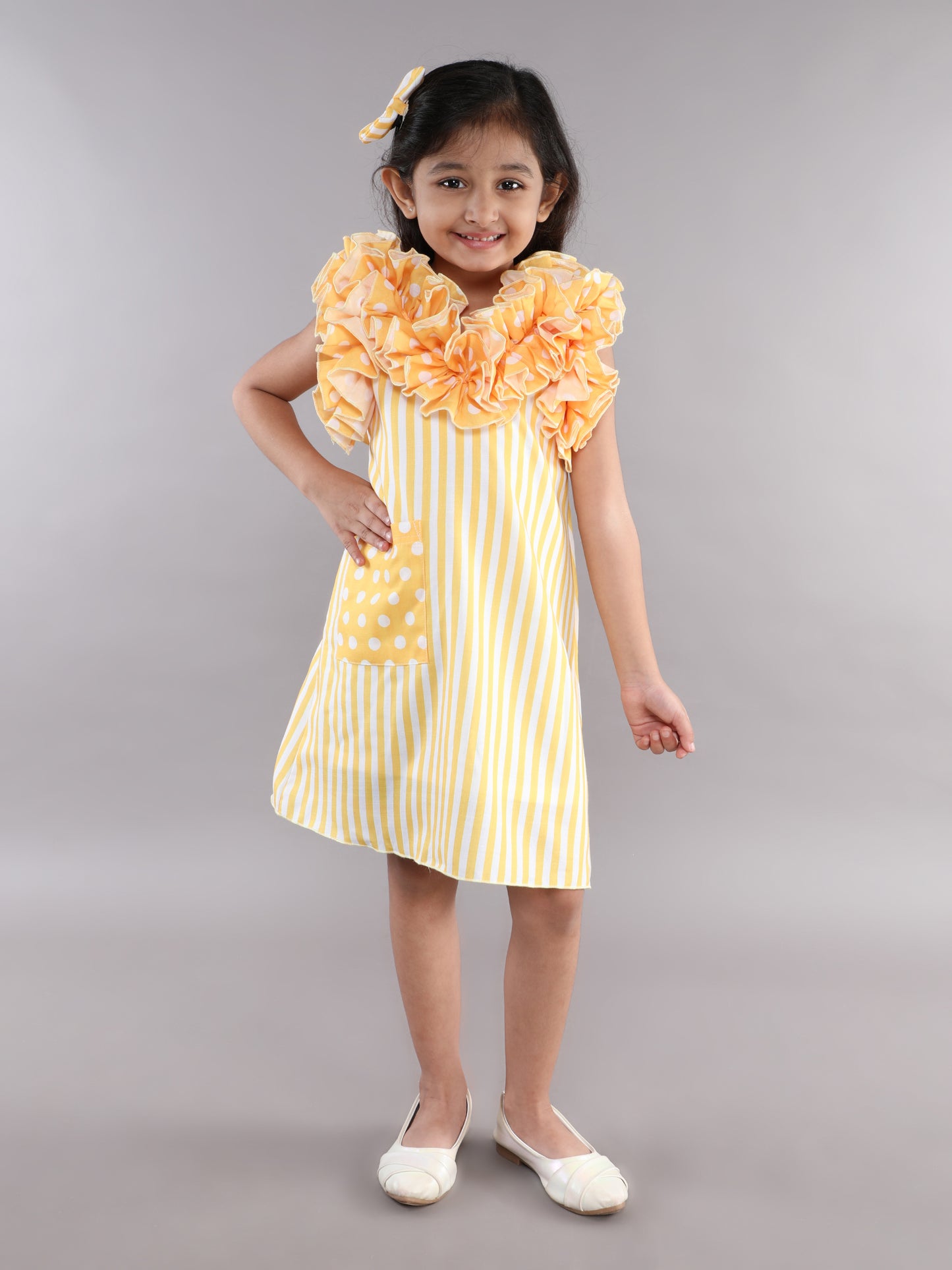 Ruffle Neck A Line  Cotton Dress -Yellow