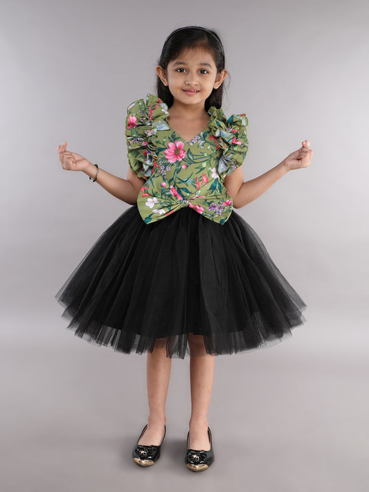 Pink Chick Floral Printed  Party Dress-Olive