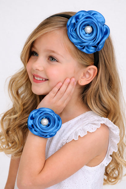 Satin Flower Bracelet & Hairband Set-Blue