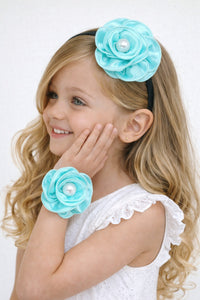 Satin Flower Bracelet & Hairband Set- Aqua