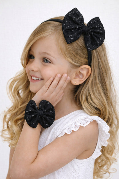 Sequins Bow Bracelet & Hairband Set -Black