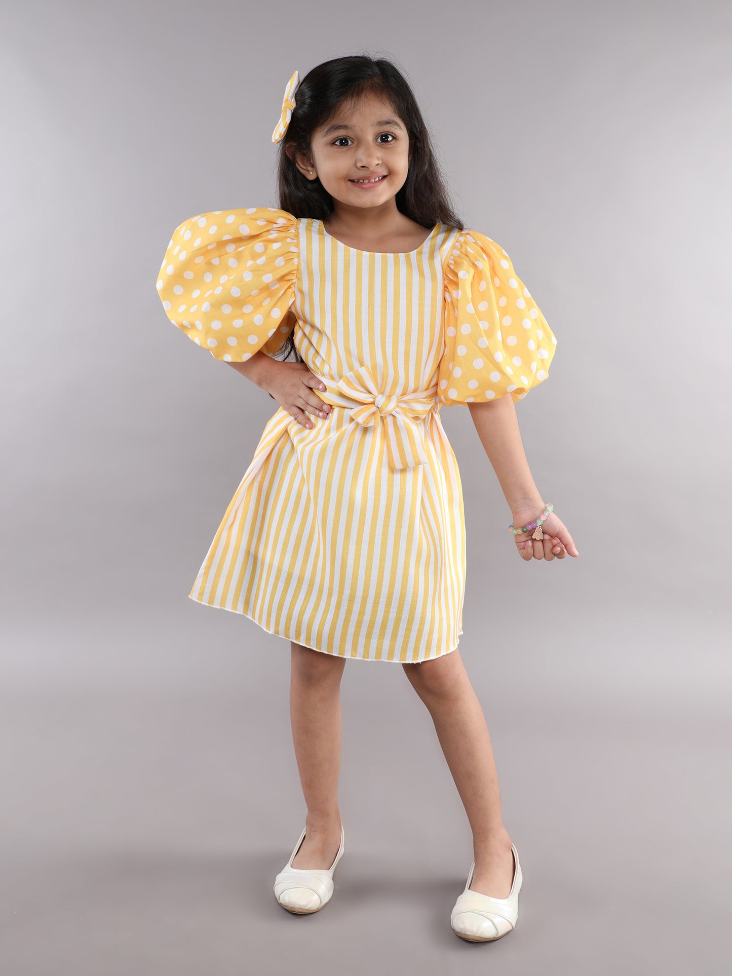 PinkChick Puff Sleeves Aline Dress -Yellow