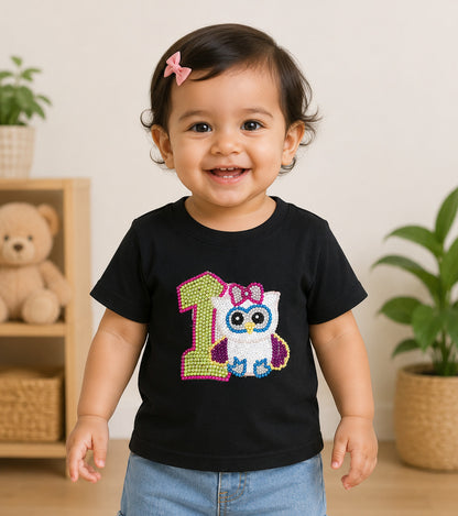 1st Birthday Applique Black T-Shirt with Cute Owl