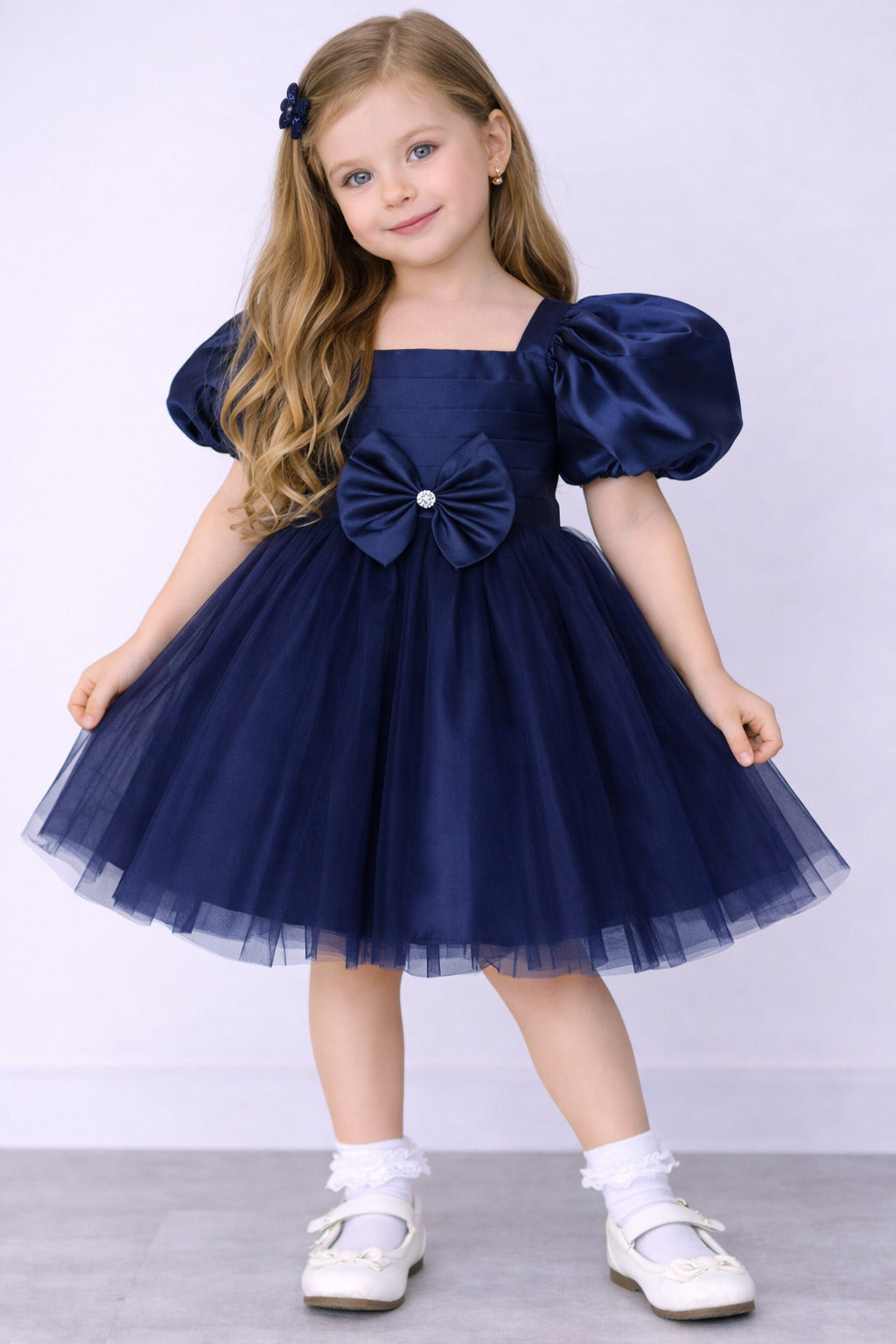 Puff Sleeves Smoked Back Dress - Navy Blue