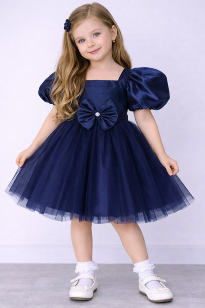 Puff Sleeves Smoked Back Dress - Navy Blue