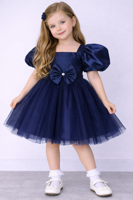 Puff Sleeves Smoked Back Dress - Navy Blue