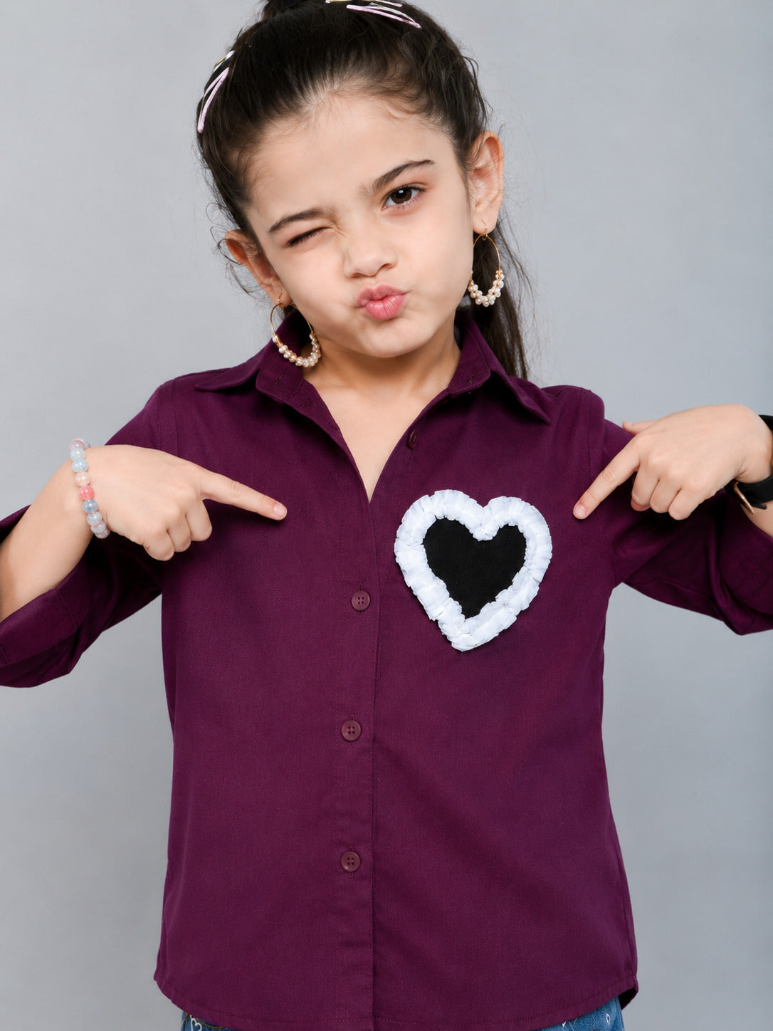 Heart Applique Cotton  Shirt-Wine