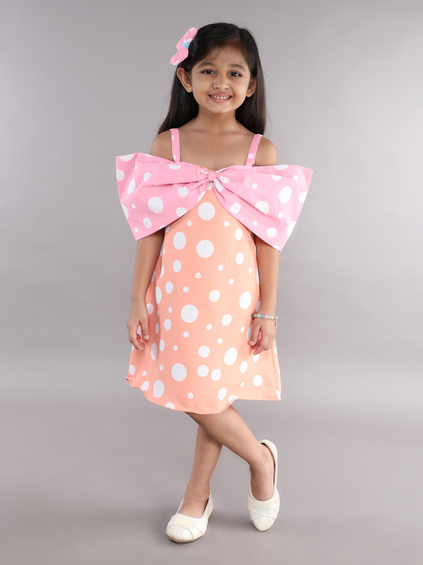 Polkadot Cotton Bow Dress -Peach