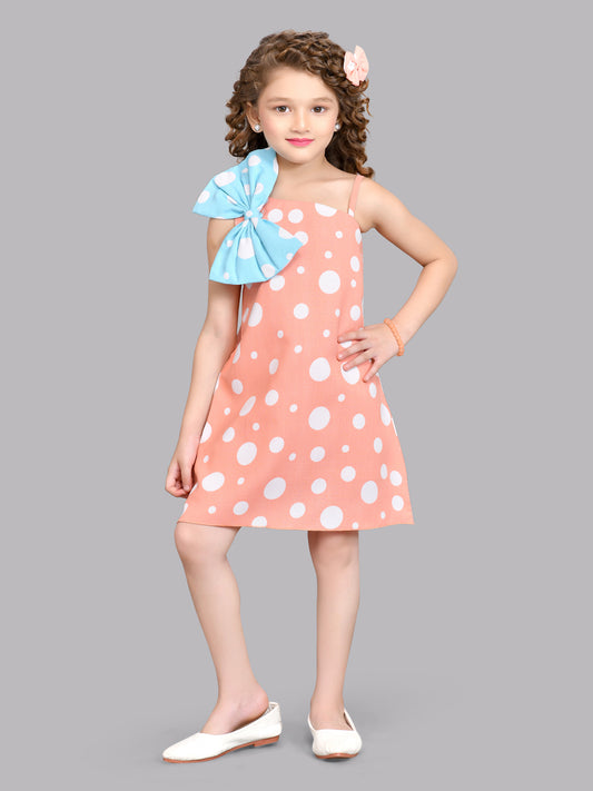 Polkadot  One Shoulder Bow Detail Cotton A-Line Dress