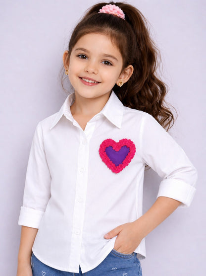 Heart Applique Cotton  Shirt -White