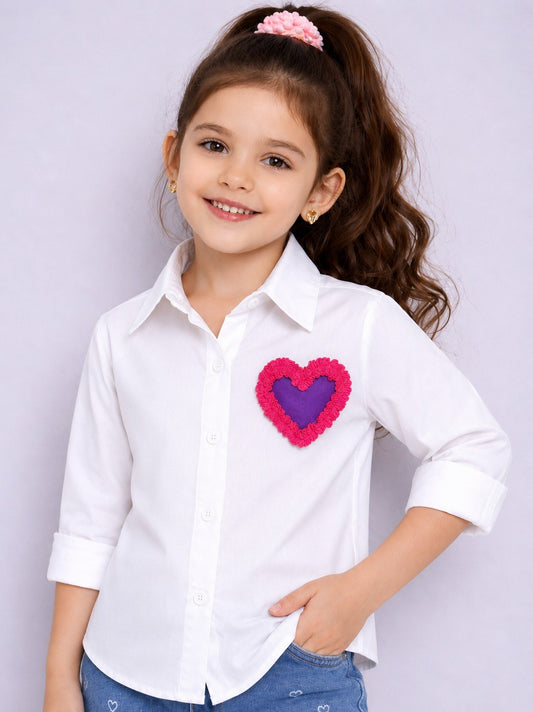 Heart Applique Cotton  Shirt -White