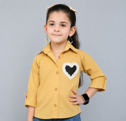 Heart Applique Cotton  Shirt-Beige
