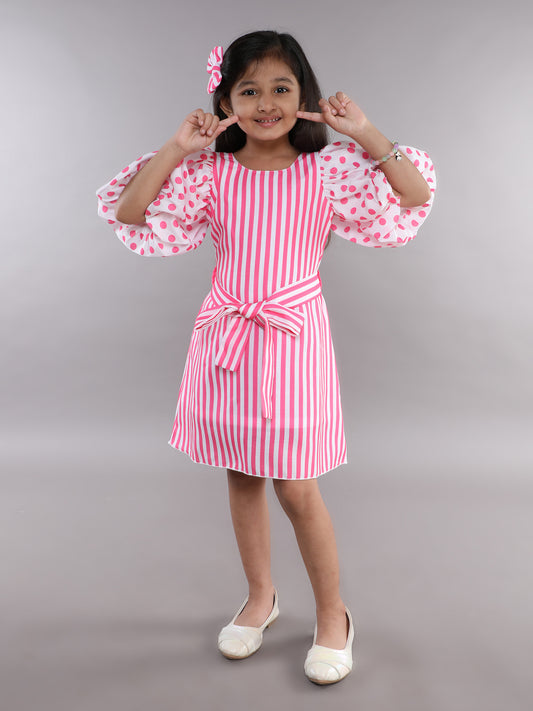 PinkChick Puff Sleeves Aline Dress -Pink