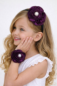 Satin Flower Bracelet & Hairband Set- Burgundy