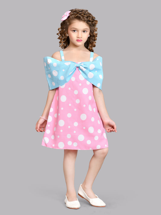 Polkadot Cotton  Bow Dress -Pink