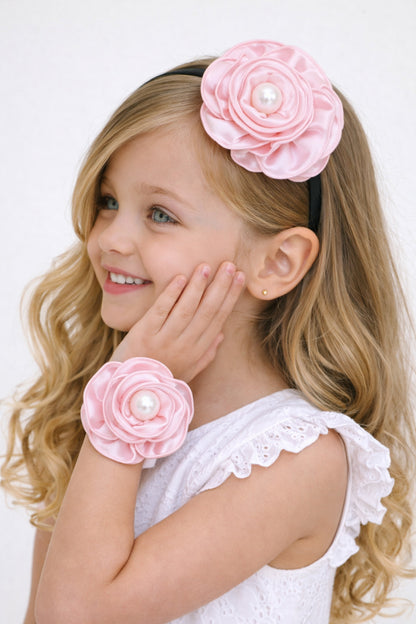 Satin Flower Bracelet & Hairband Set- Pink