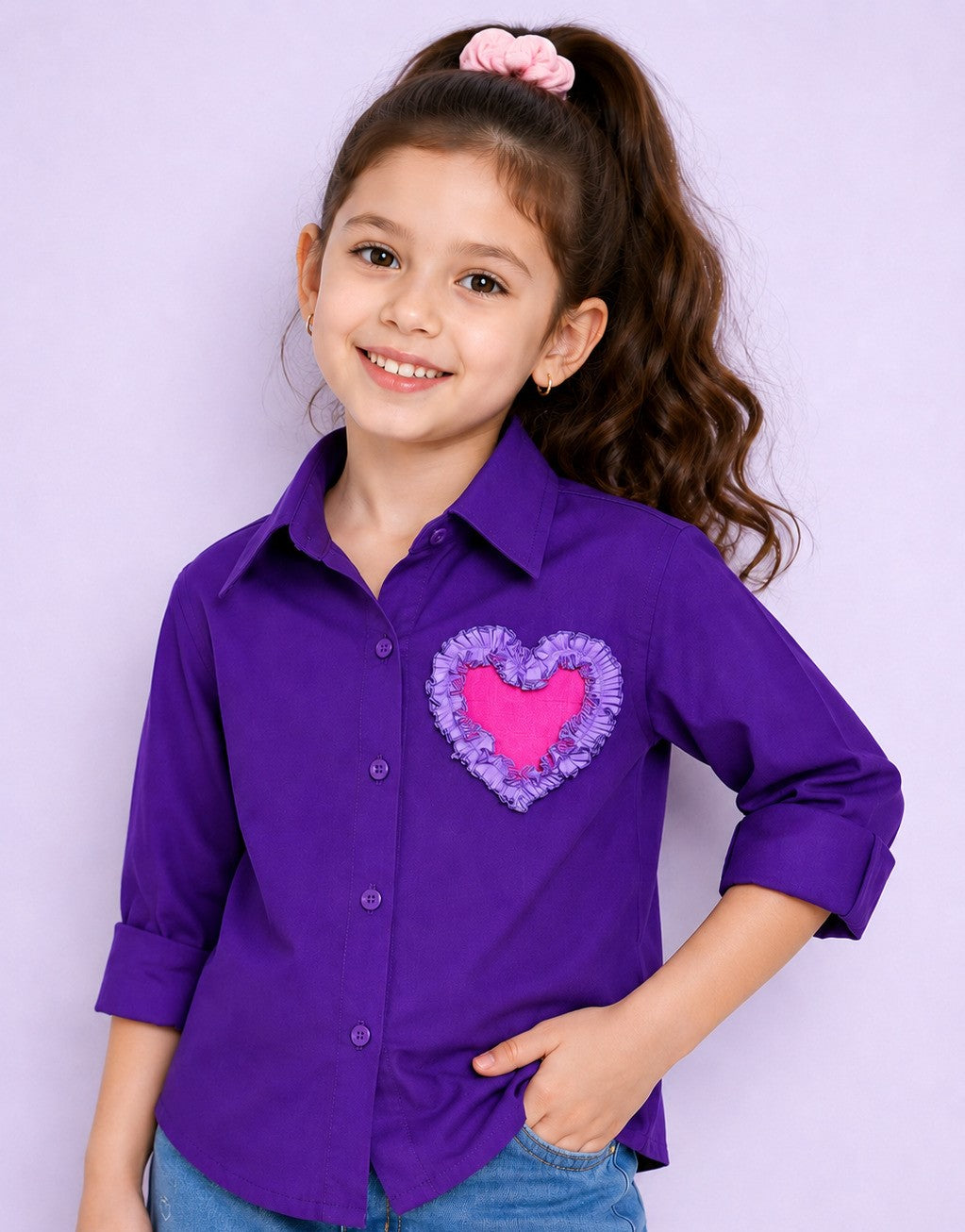 Heart Applique Cotton  Shirt-Purple