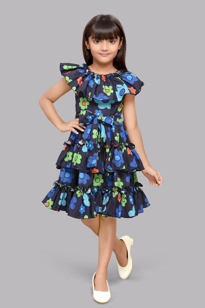 Floral Printed Tiered Dress -Blue