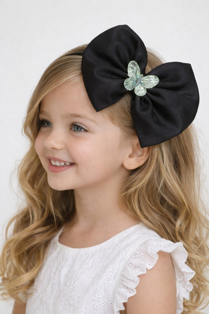 Satin Bow Hairband with Butterfly - Black
