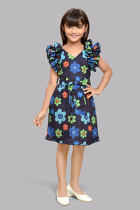 Floral Shift Dress with Ruffle Sleeves -Navy Blue
