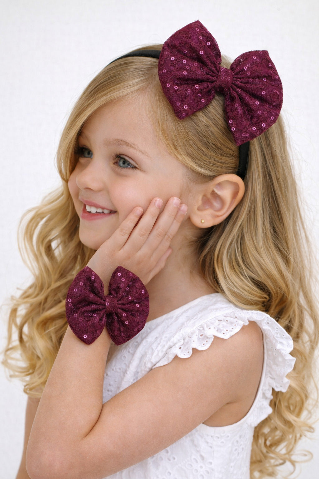 Sequins Bow Bracelet & Hairband Set -Burgundy