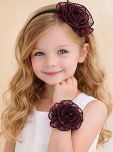 Sequins Flower Bracelet & Hairband Set-Burgundy