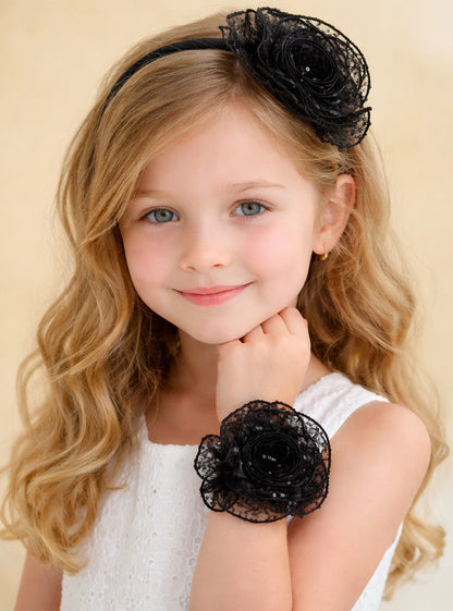 Sequins Flower Bracelet & Hairband Set-Black