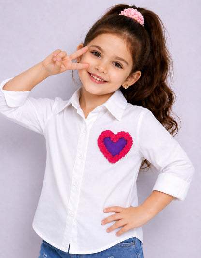 Heart Applique Cotton  Shirt -White