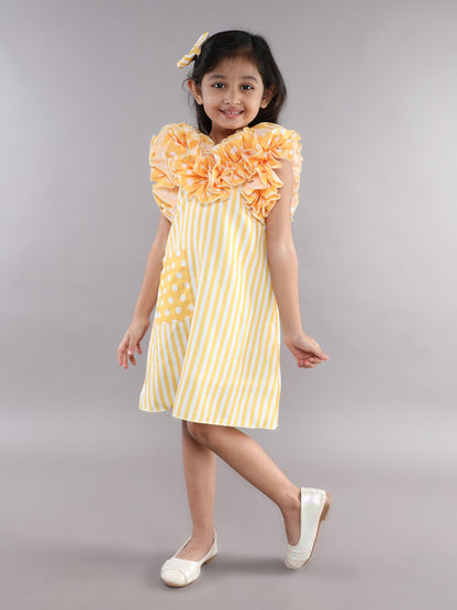 Ruffle Neck A Line  Cotton Dress -Yellow