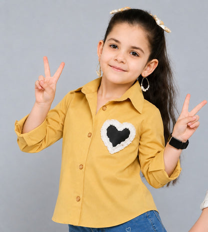 Heart Applique Cotton  Shirt-Beige