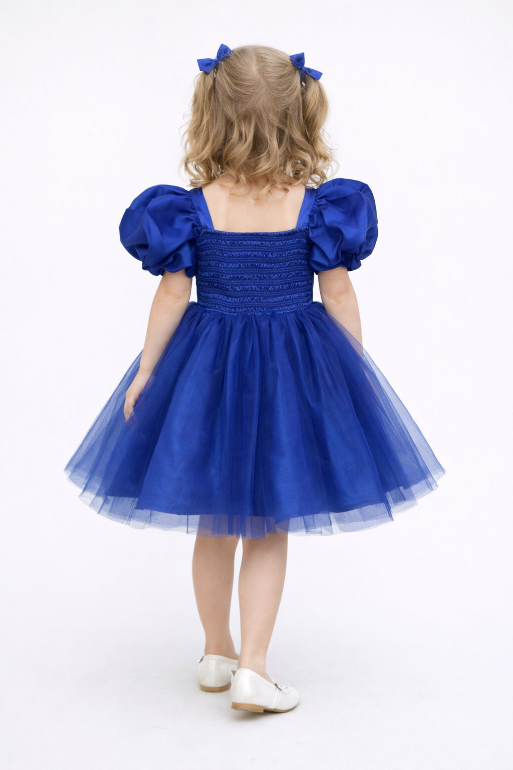 Puff Sleeves Smoked Back Dress - Blue