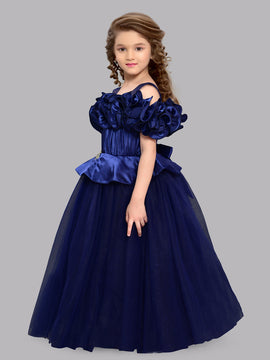 PinkChick Off Shoulder Ruffle Gown - Navy Blue