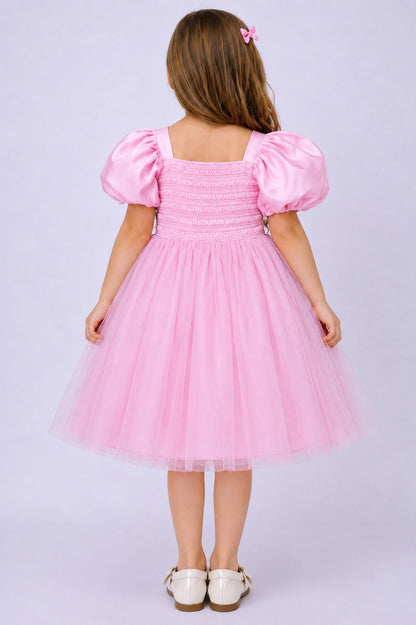 Puff Sleeves Smoked Back Dress - Pink