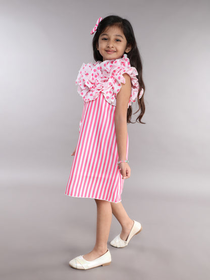 Ruffle Neck A Line  Cotton Dress -Pink