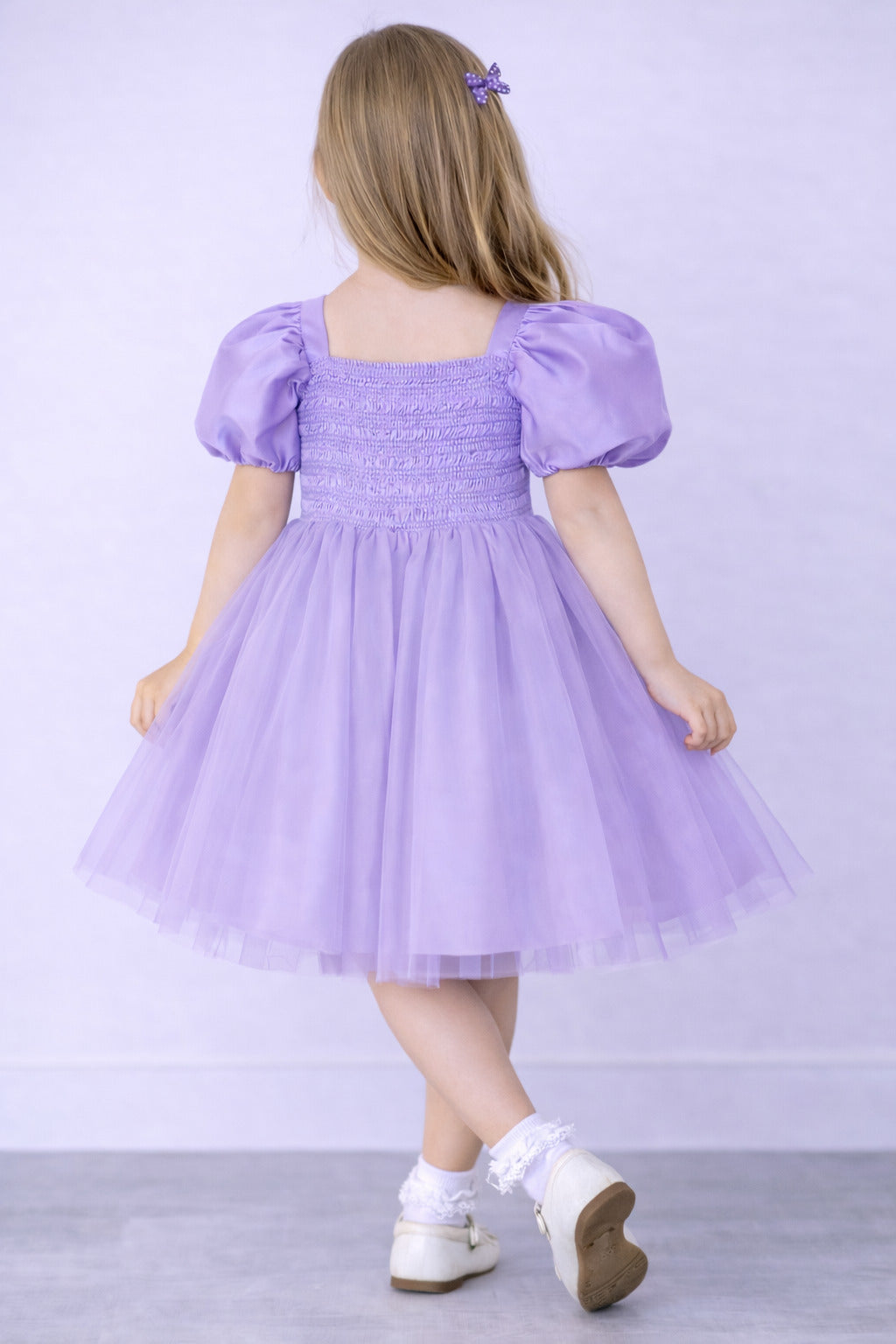 Puff Sleeves Smoked Back Dress - Lavender