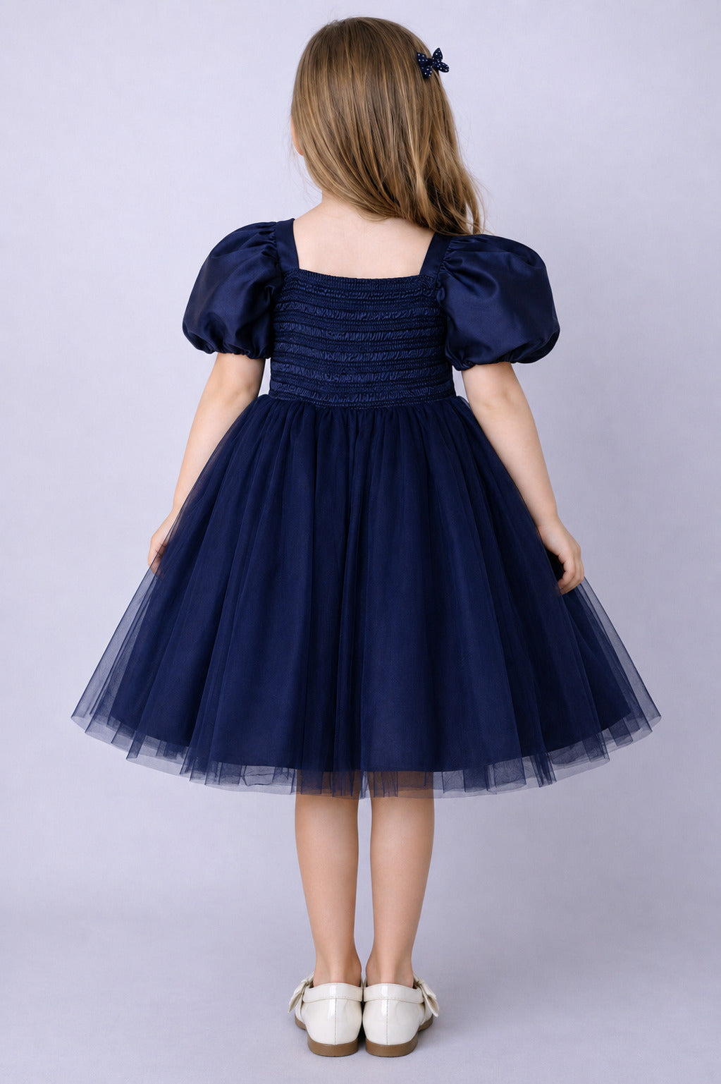 Puff Sleeves Smoked Back Dress - Navy Blue