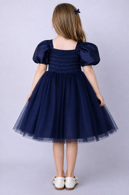 Puff Sleeves Smoked Back Dress - Navy Blue
