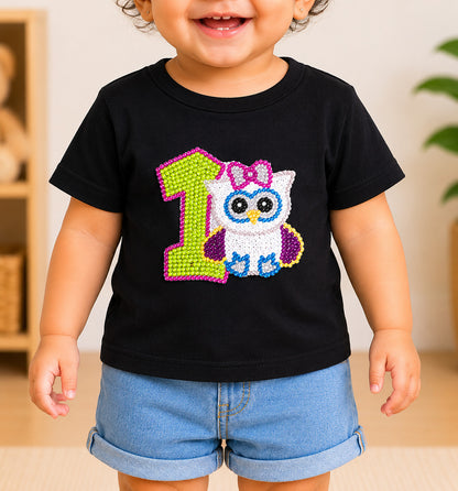 1st Birthday Applique Black T-Shirt with Cute Owl