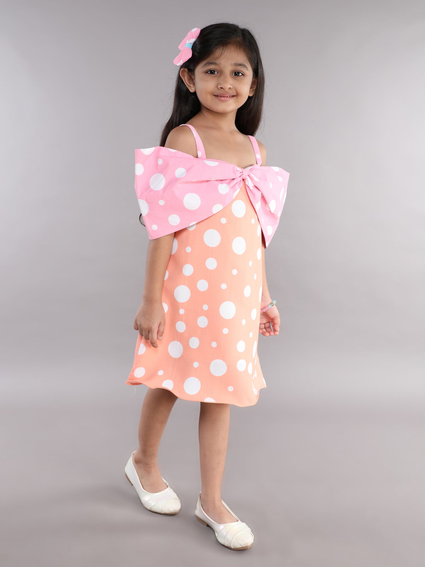 Polkadot Cotton Bow Dress -Peach